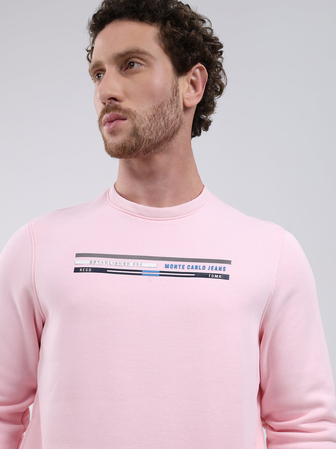 Men Pink Printed Round Neck Full Sleeve Sweatshirt