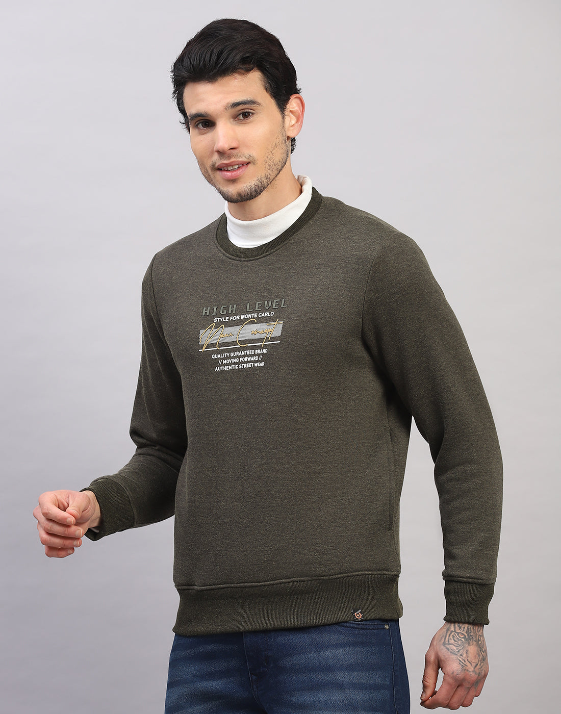 Men Olive Printed Round Neck Full Sleeve Sweatshirt