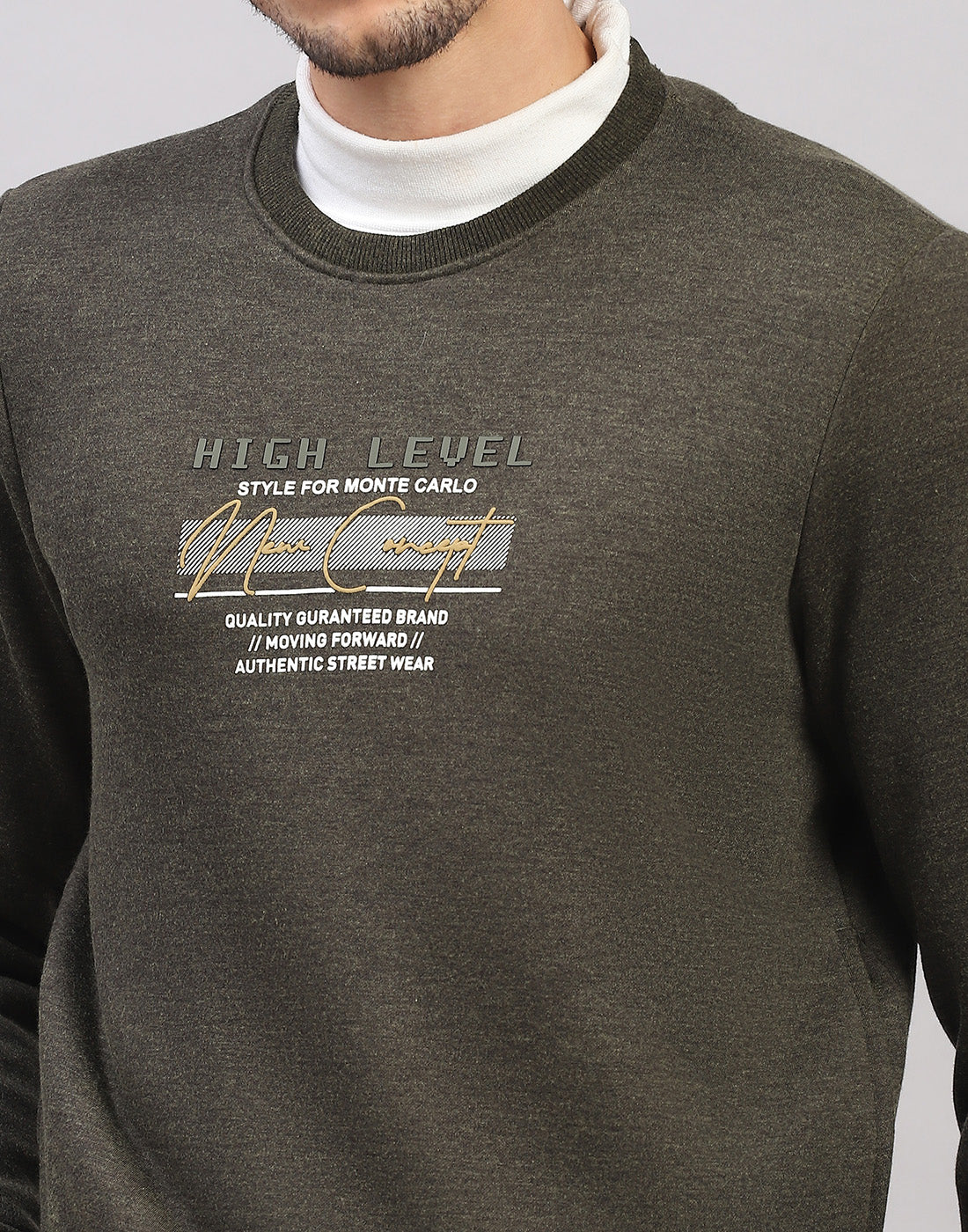 Men Olive Printed Round Neck Full Sleeve Sweatshirt