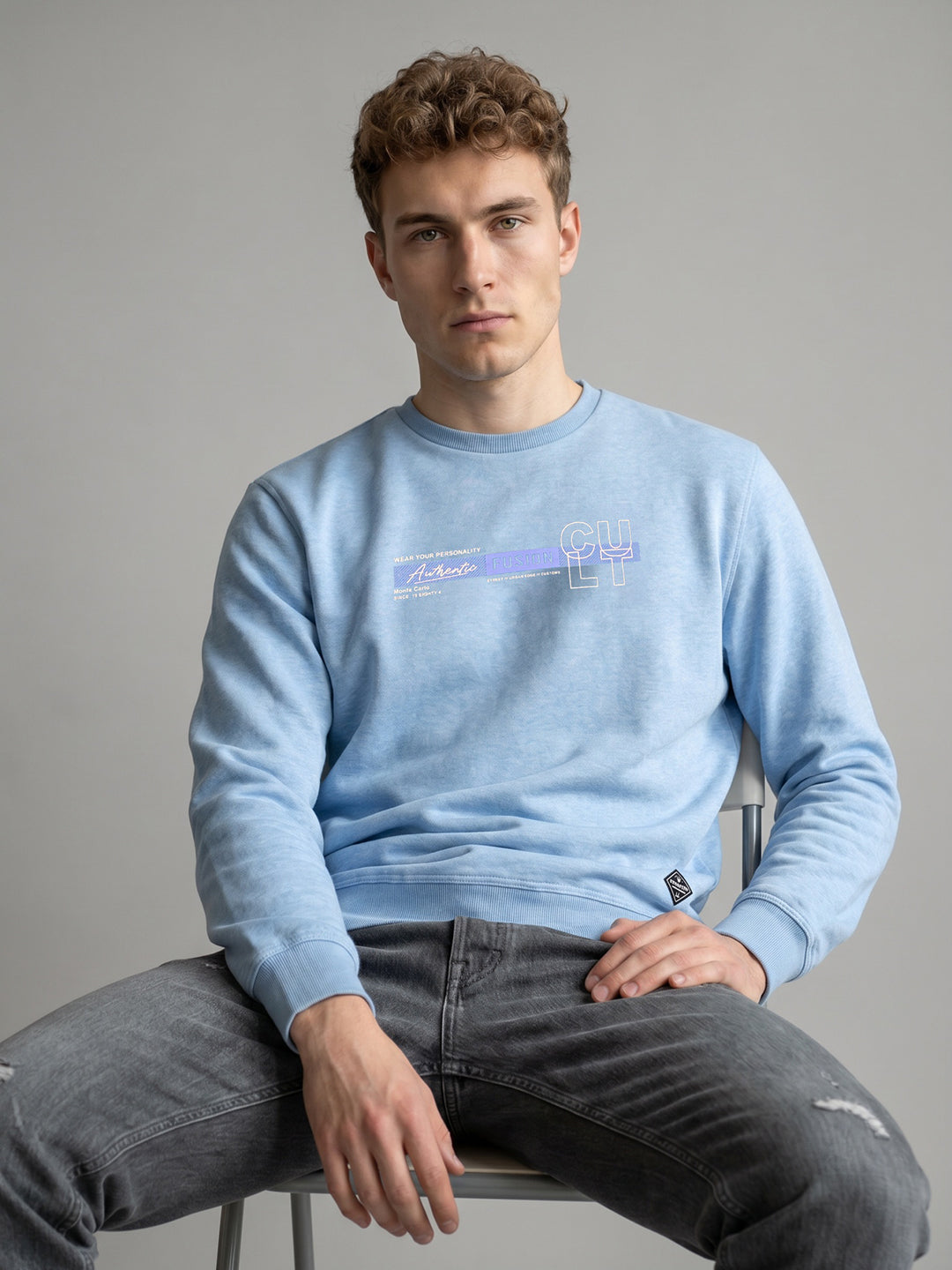 Men Sky Blue Solid Round Neck Full Sleeve Sweatshirt 2 Pc Set