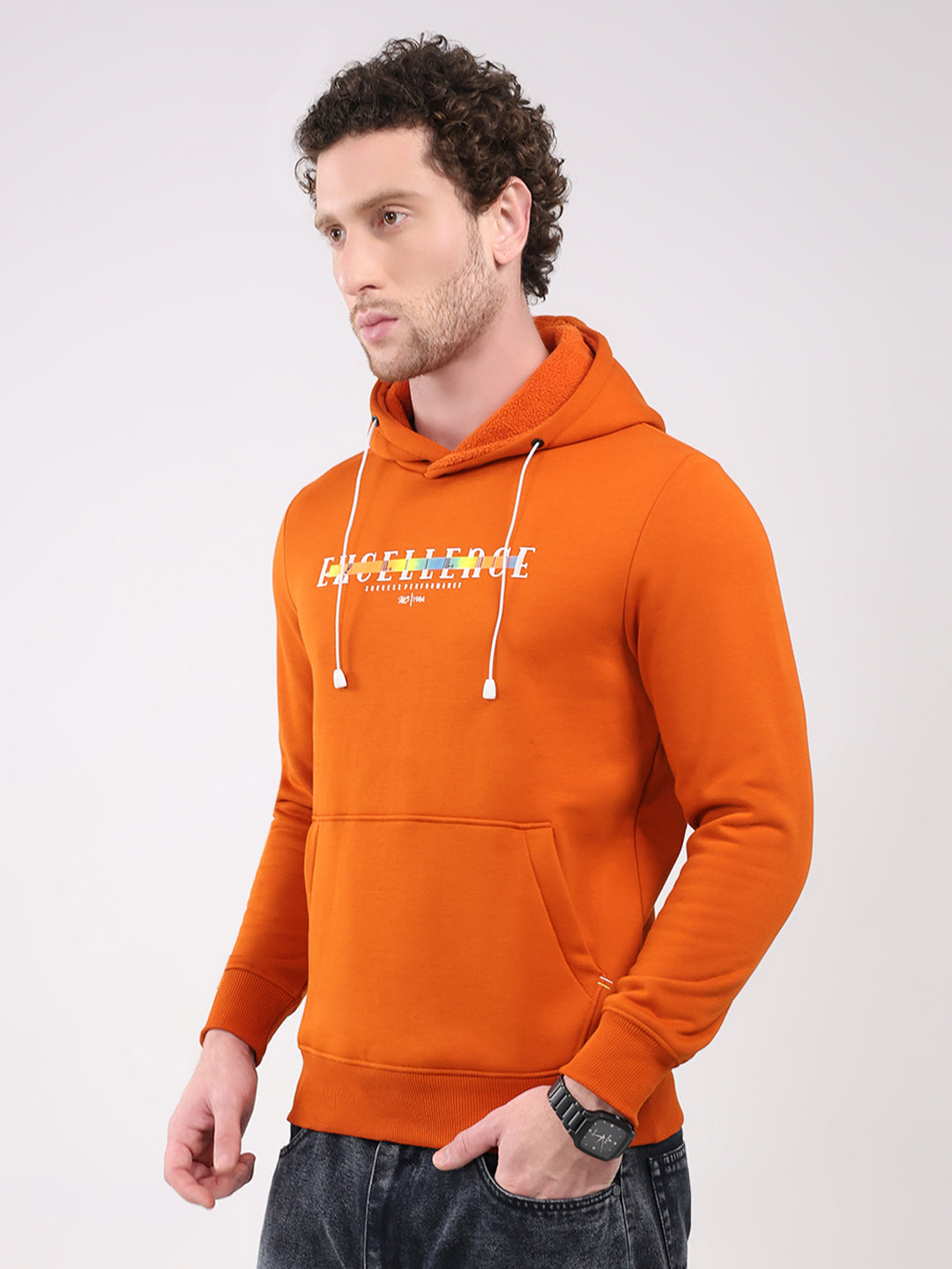 Men Orange Printed Hooded Full Sleeve Sweatshirt