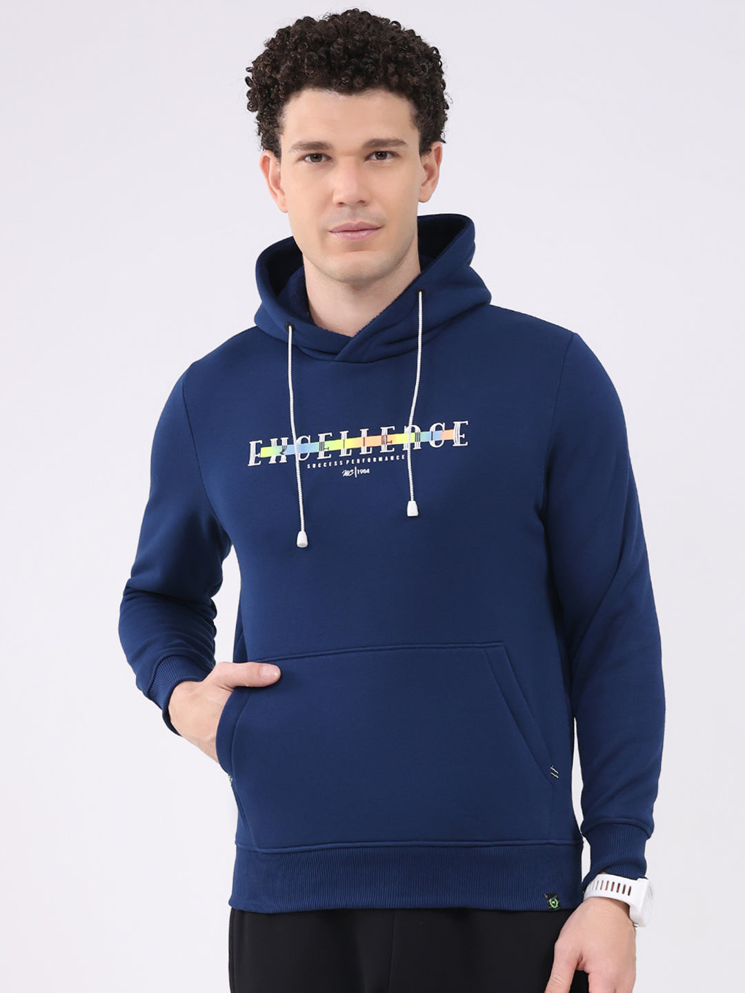 Men Navy Blue Printed Hooded Full Sleeve Sweatshirt