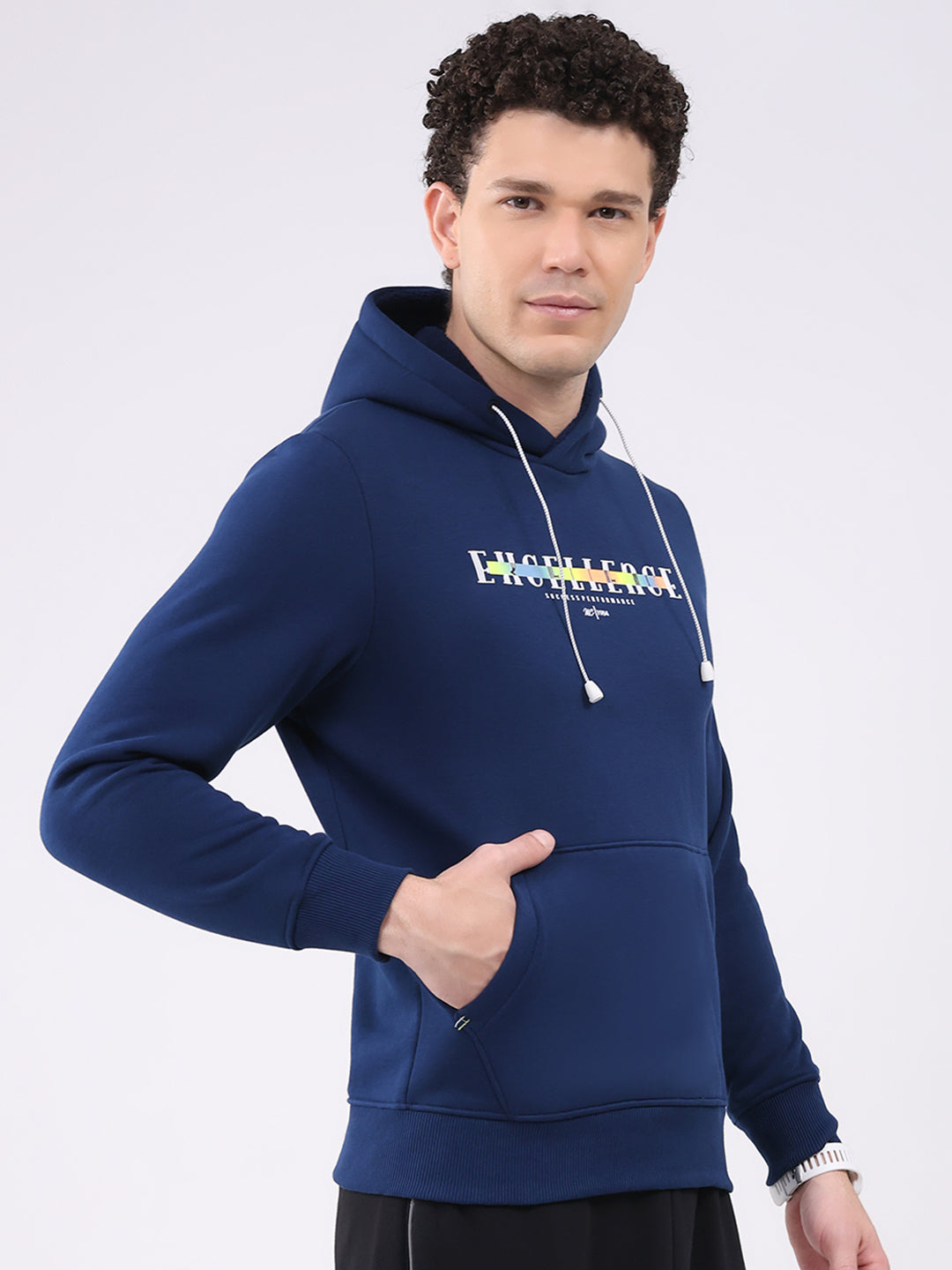 Men Navy Blue Printed Hooded Full Sleeve Sweatshirt