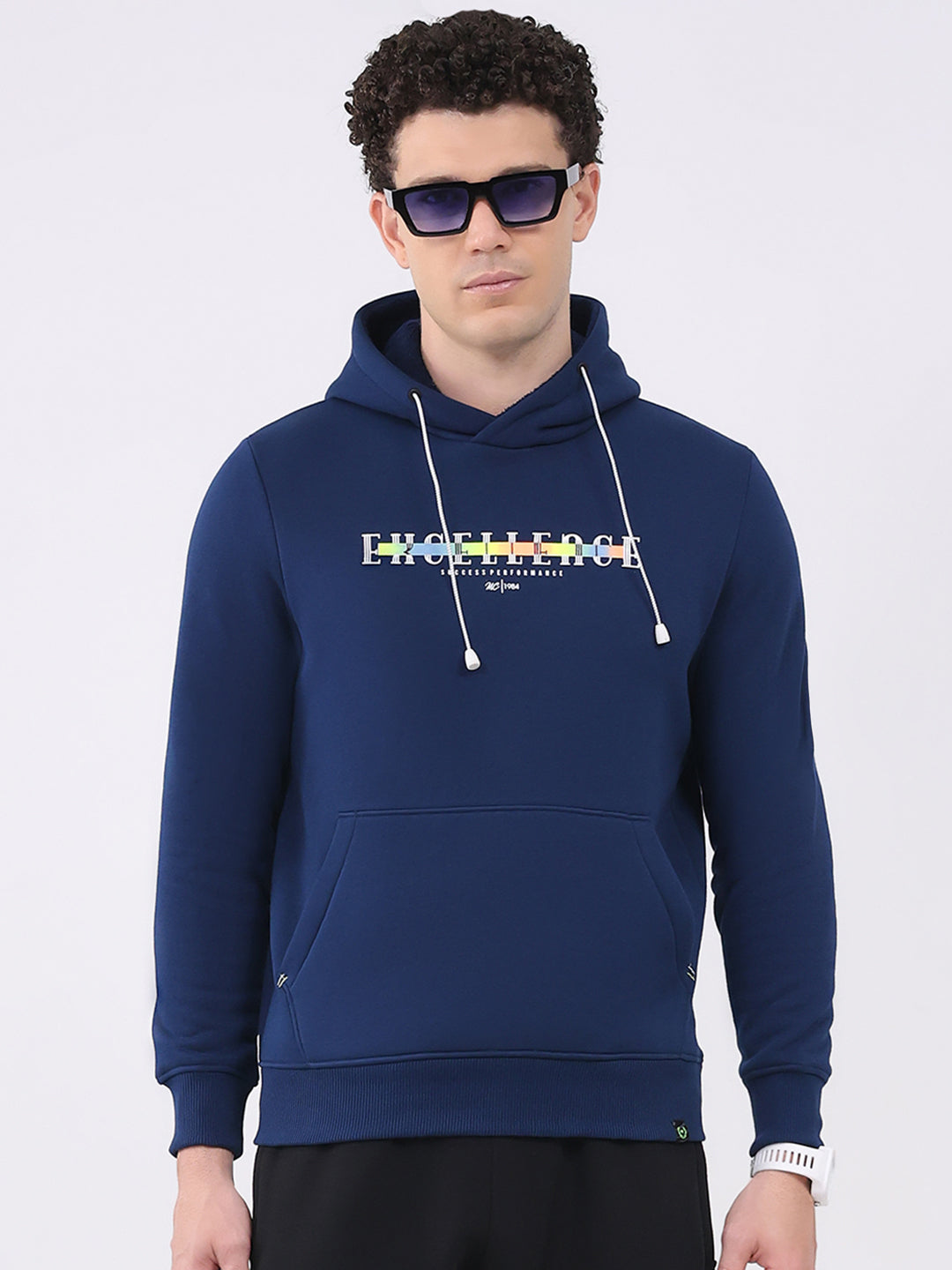 Men Navy Blue Printed Hooded Full Sleeve Sweatshirt