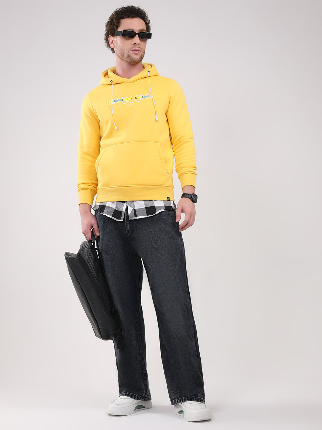 Men Yellow Printed Hooded Full Sleeve Sweatshirt