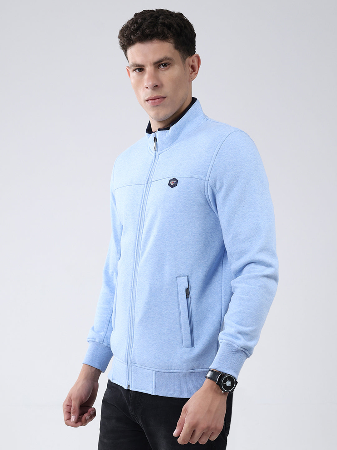 Men Blue Solid Mock Neck Full Sleeve Sweatshirt