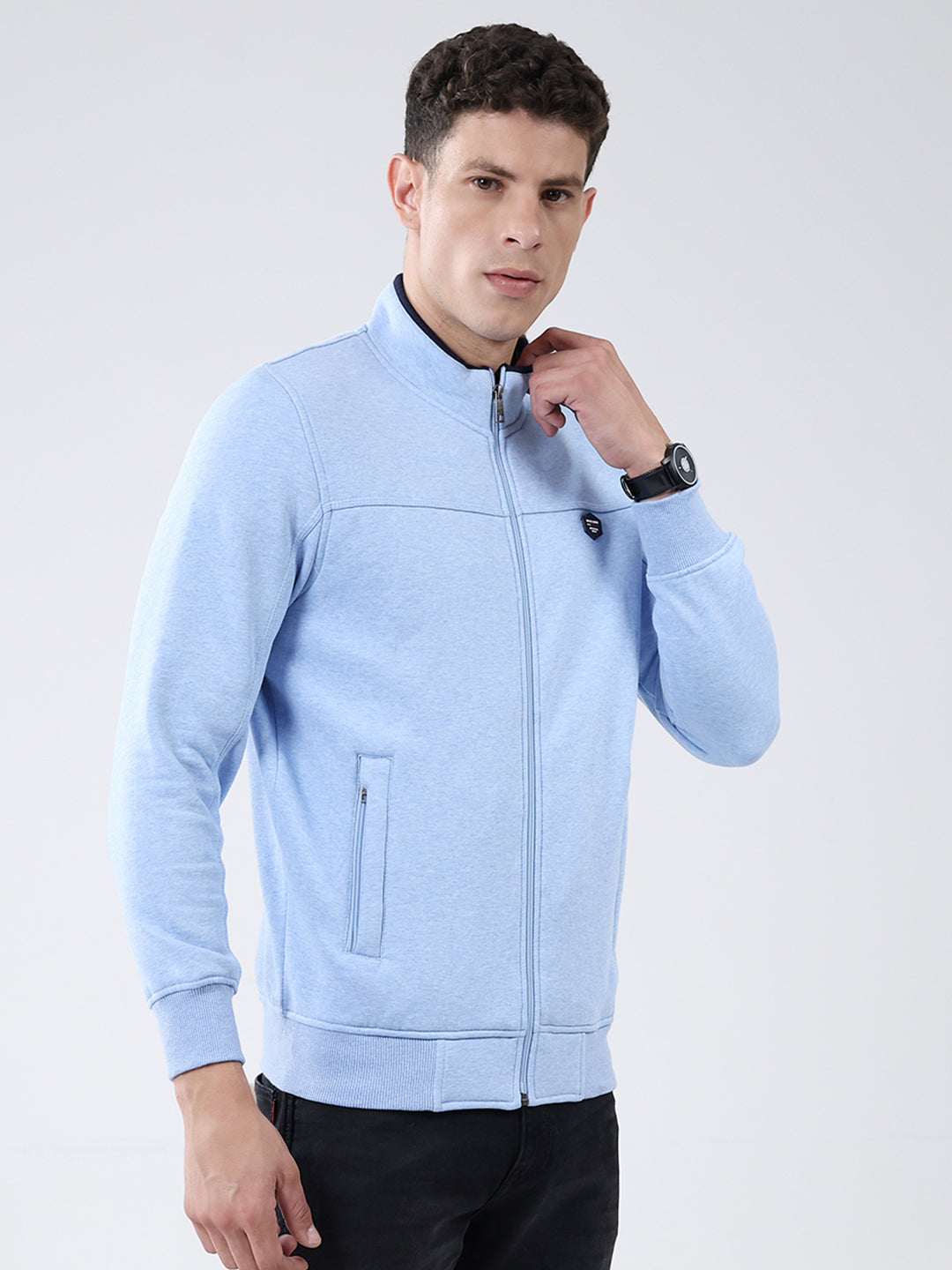 Men Blue Solid Mock Neck Full Sleeve Sweatshirt