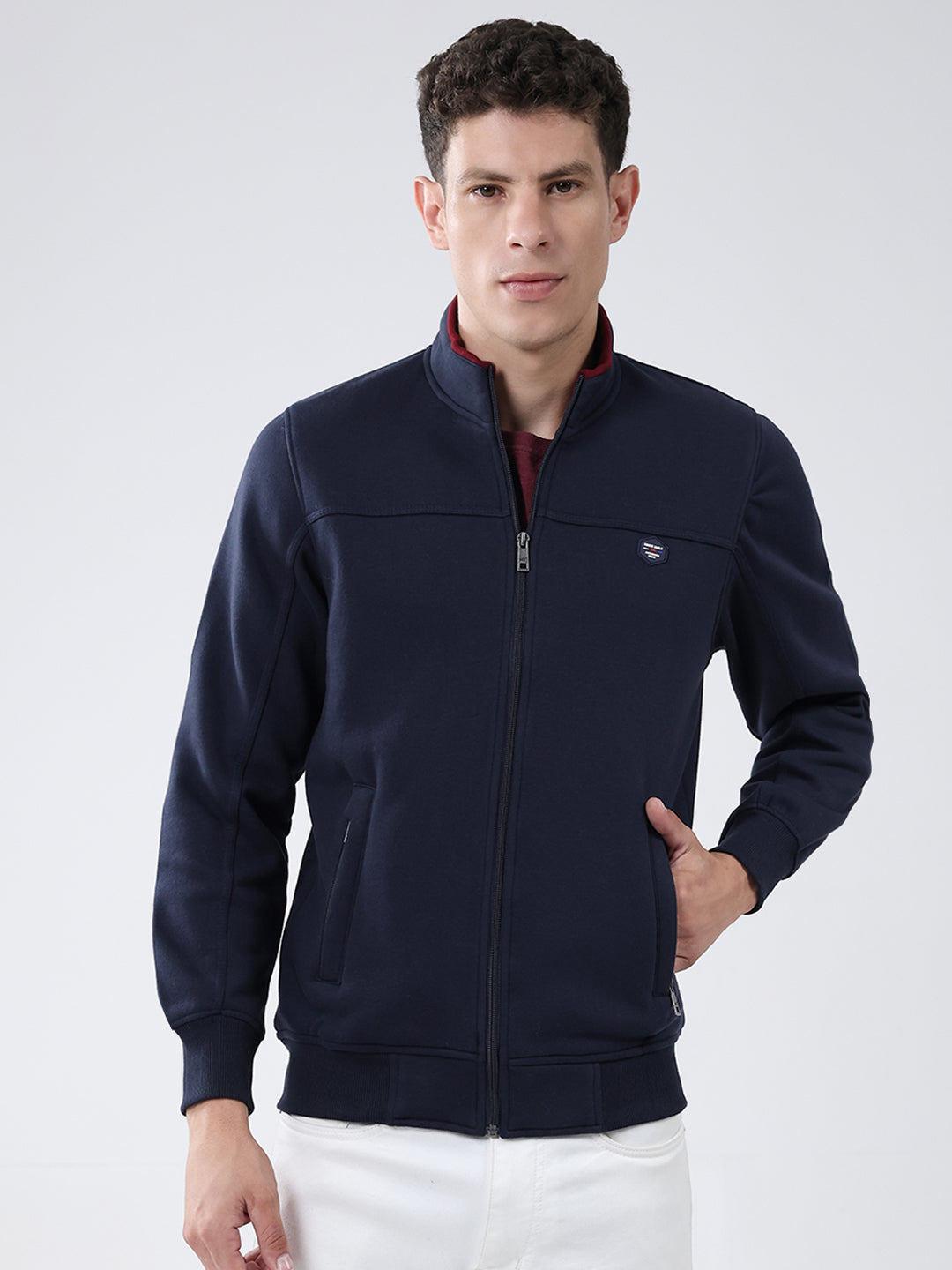 Men Navy Blue Solid Mock Neck Full Sleeve Sweatshirt