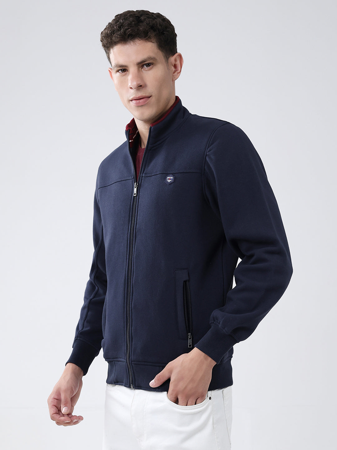 Men Navy Blue Solid Mock Neck Full Sleeve Sweatshirt