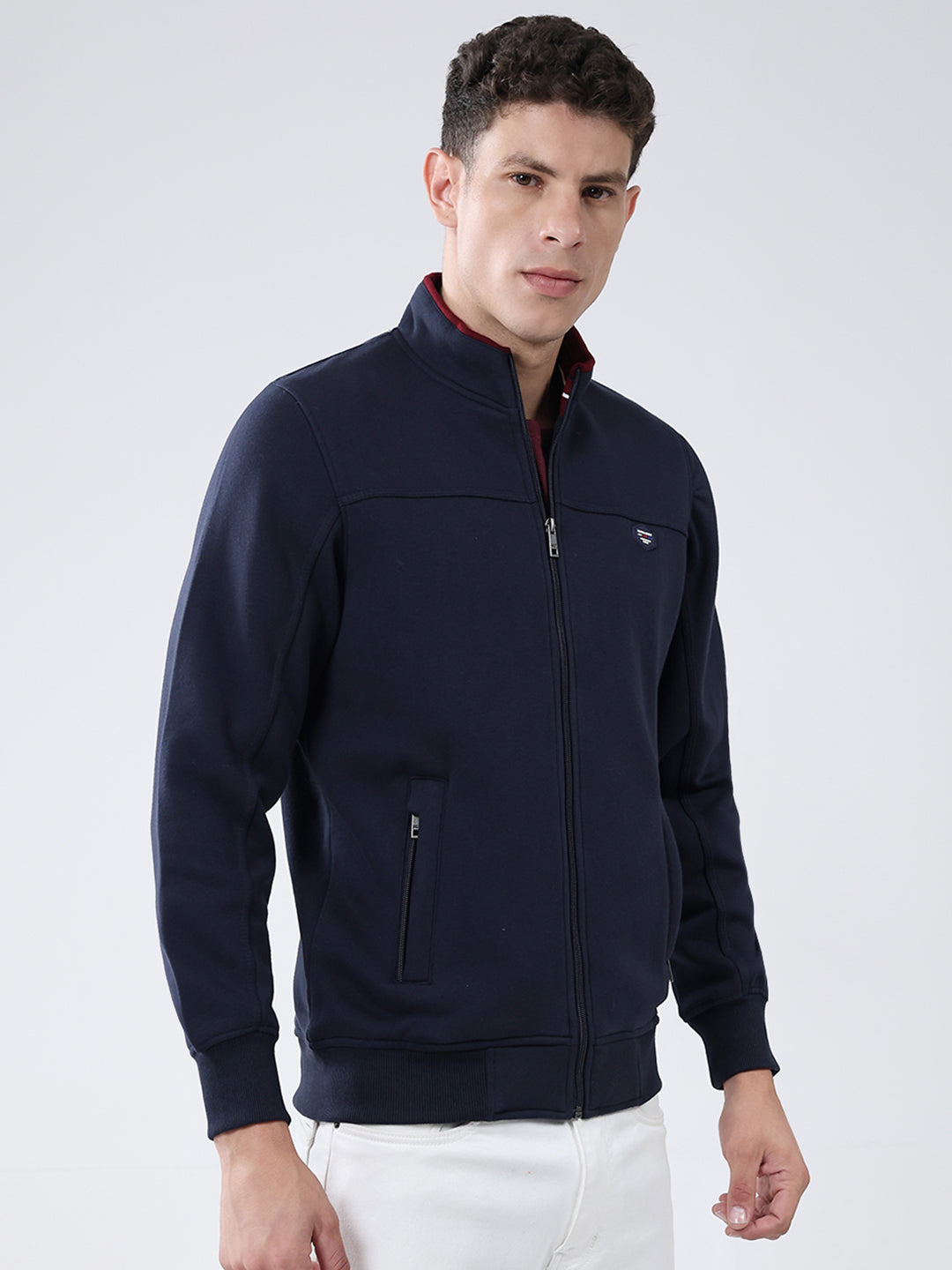 Men Navy Blue Solid Mock Neck Full Sleeve Sweatshirt