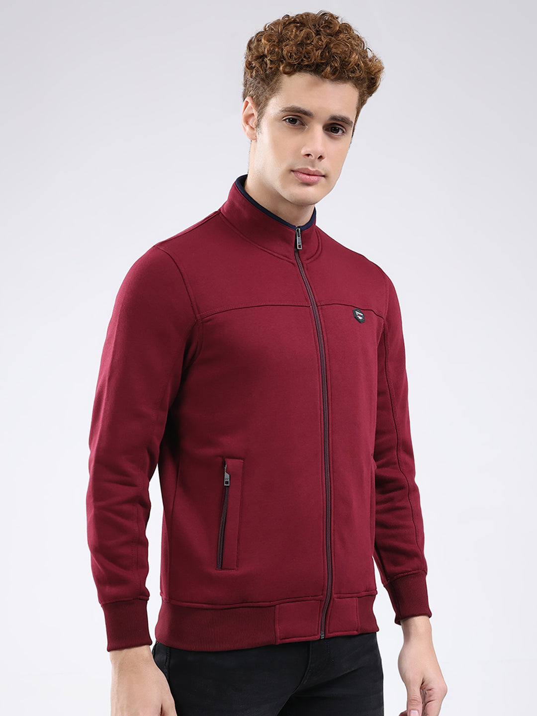 Men Maroon Solid Mock Neck Full Sleeve Sweatshirt