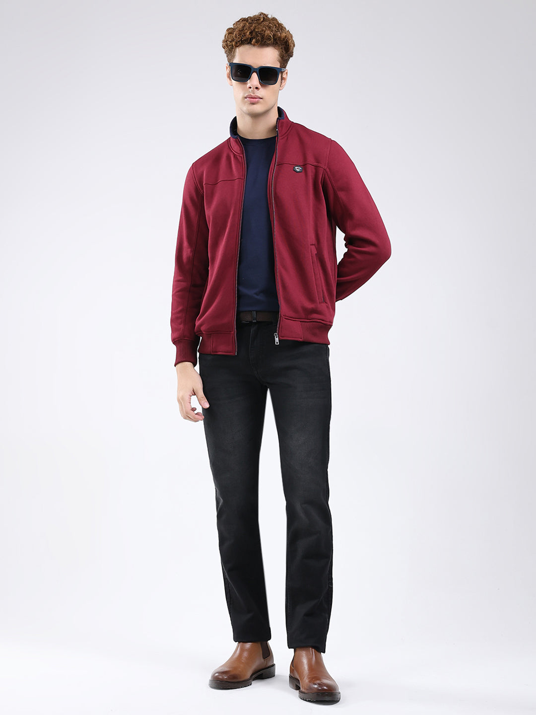 Men Maroon Solid Mock Neck Full Sleeve Sweatshirt