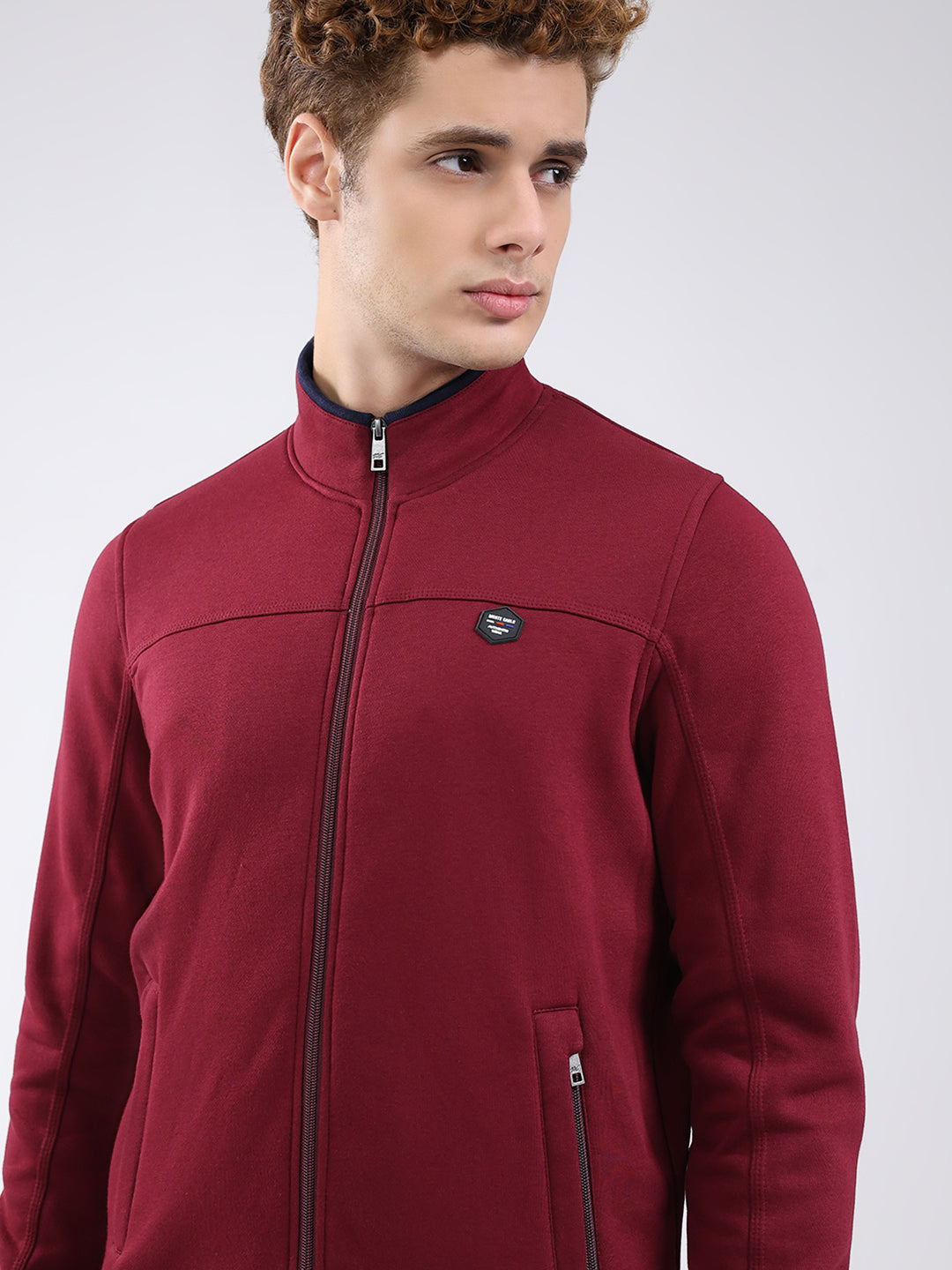 Men Maroon Solid Mock Neck Full Sleeve Sweatshirt