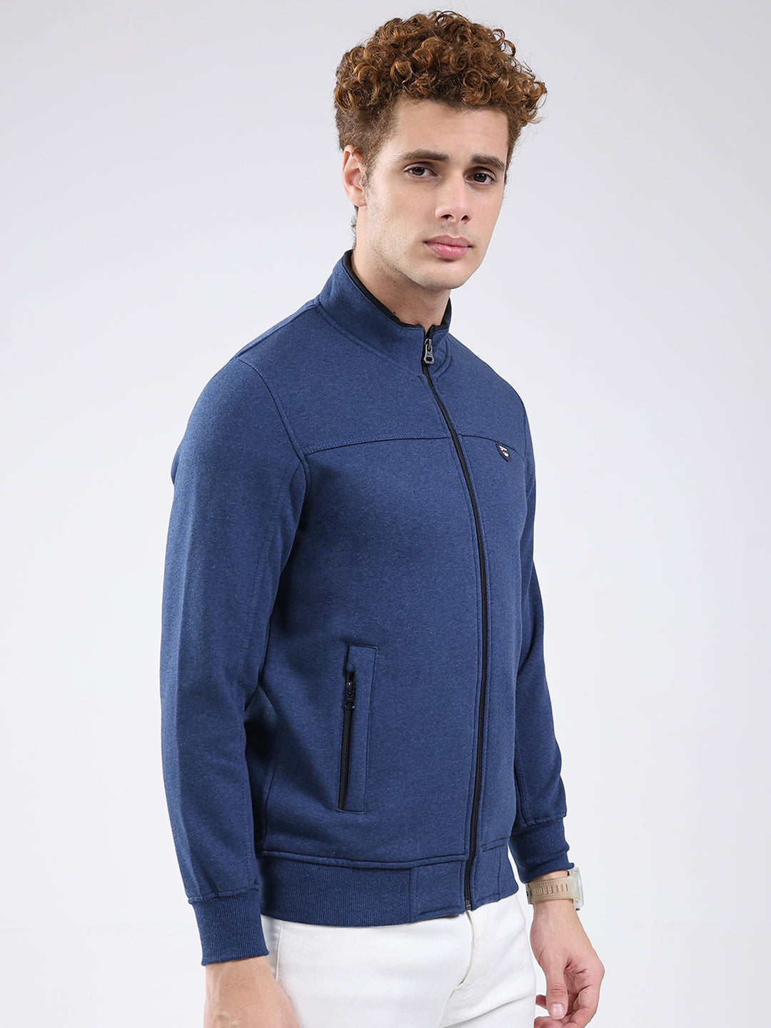 Men Blue Solid Mock Neck Full Sleeve Sweatshirt