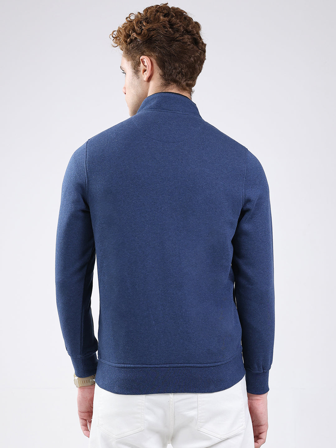 Men Blue Solid Mock Neck Full Sleeve Sweatshirt