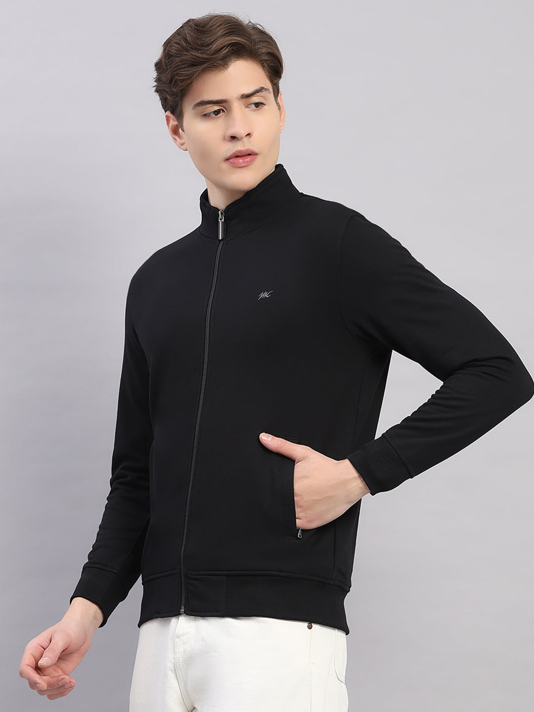 Men Black Solid Stand Collar Full Sleeve Sweatshirt