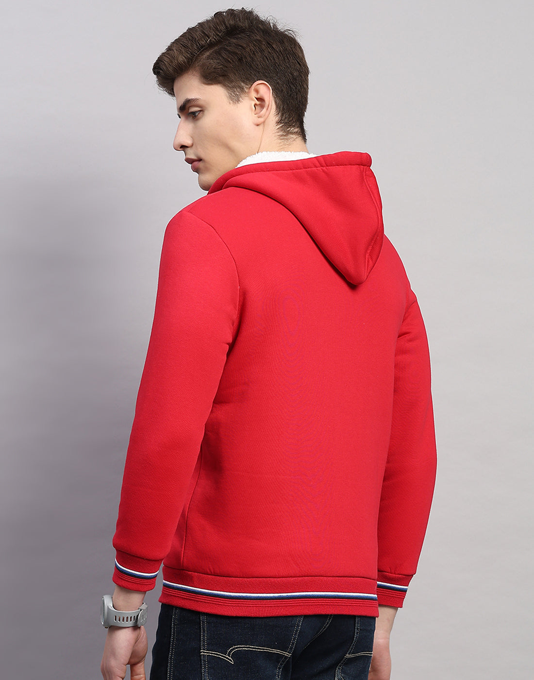 Men Red Solid Hooded Full Sleeve Sweatshirt