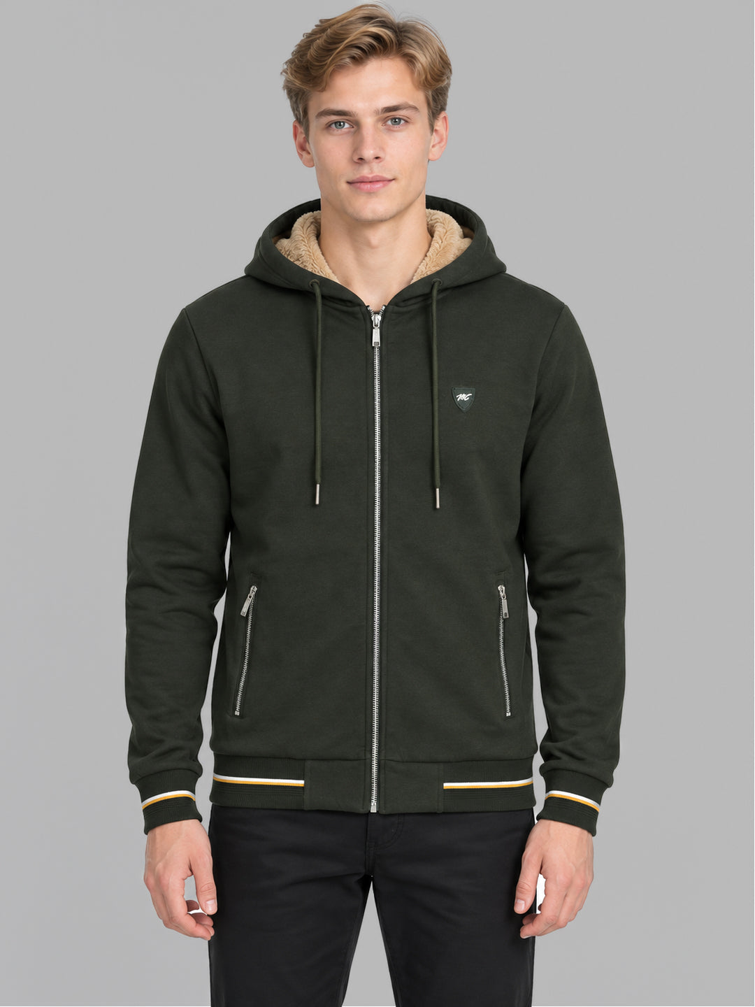 Men Olive Solid Hooded Full Sleeve Sweatshirt