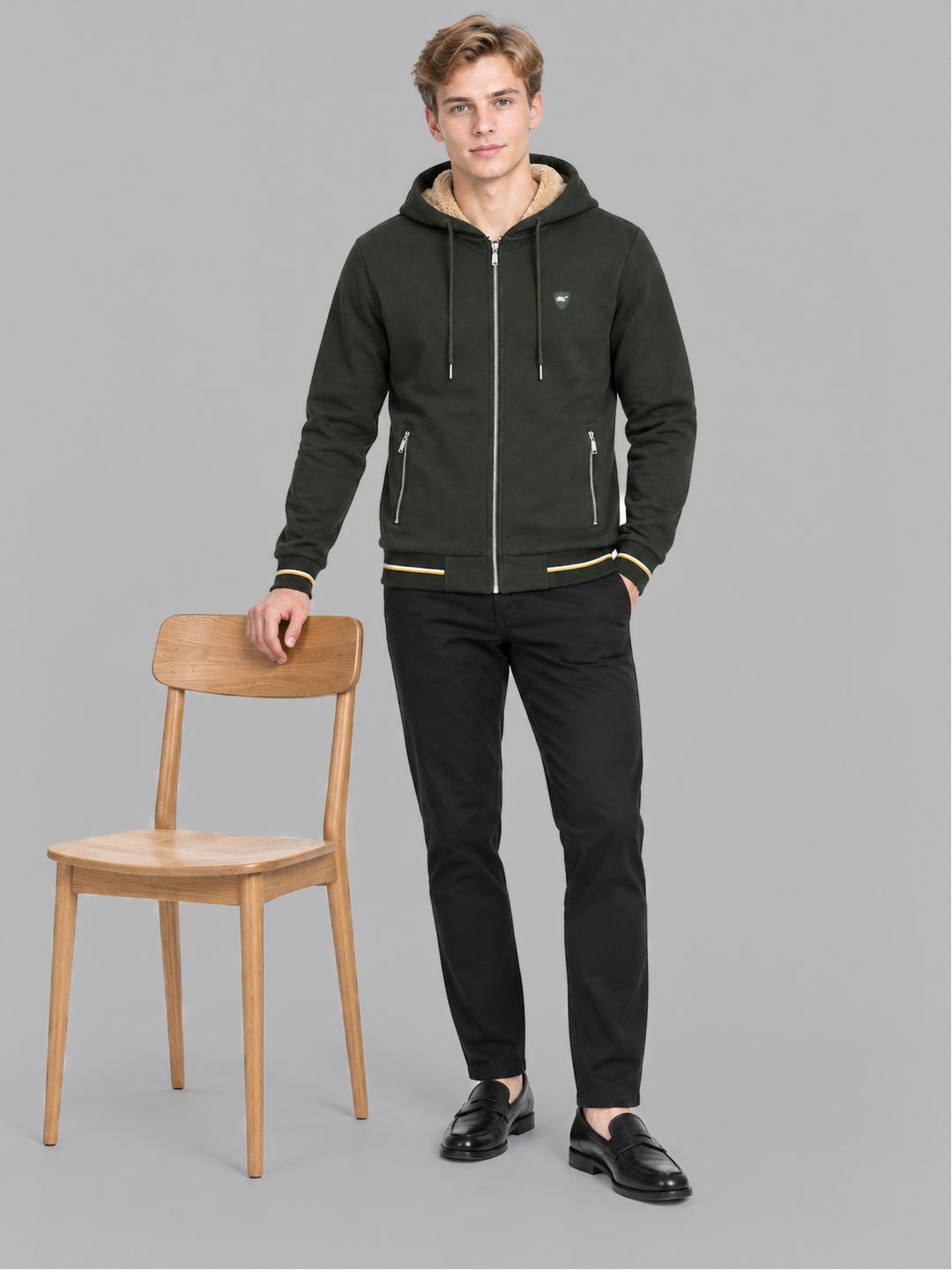 Men Olive Solid Hooded Full Sleeve Sweatshirt