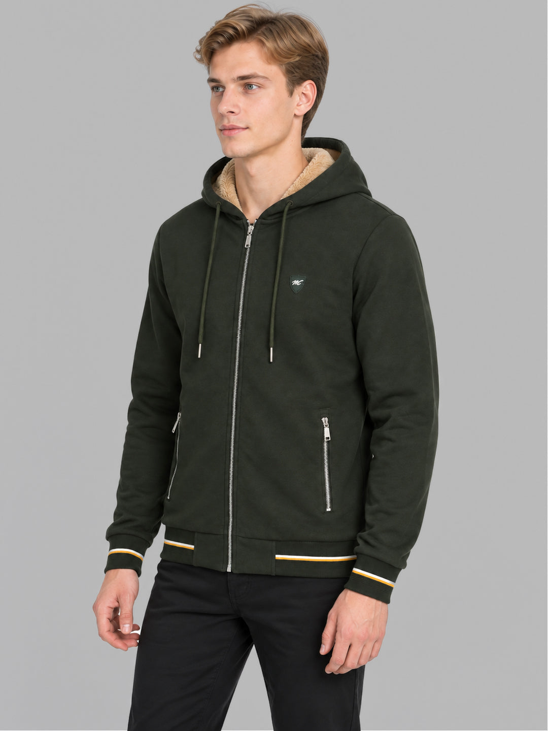 Men Olive Solid Hooded Full Sleeve Sweatshirt