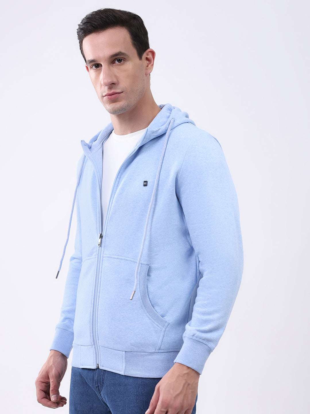 Men Sky Blue Solid Hooded Full Sleeve Sweatshirt