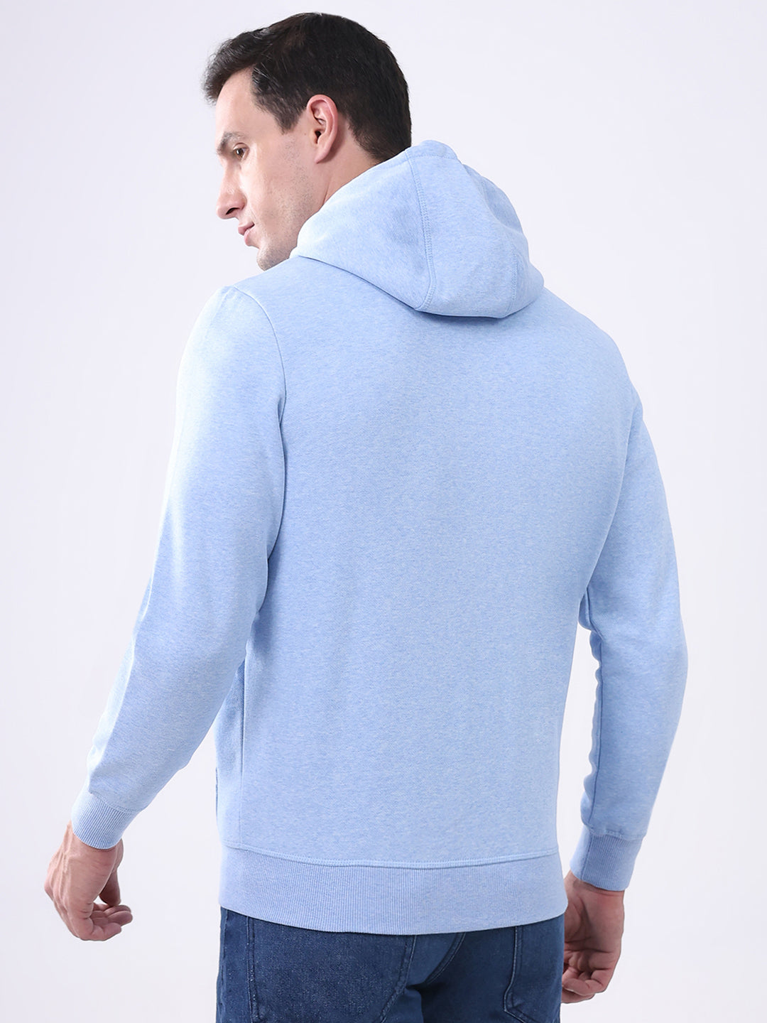Men Sky Blue Solid Hooded Full Sleeve Sweatshirt