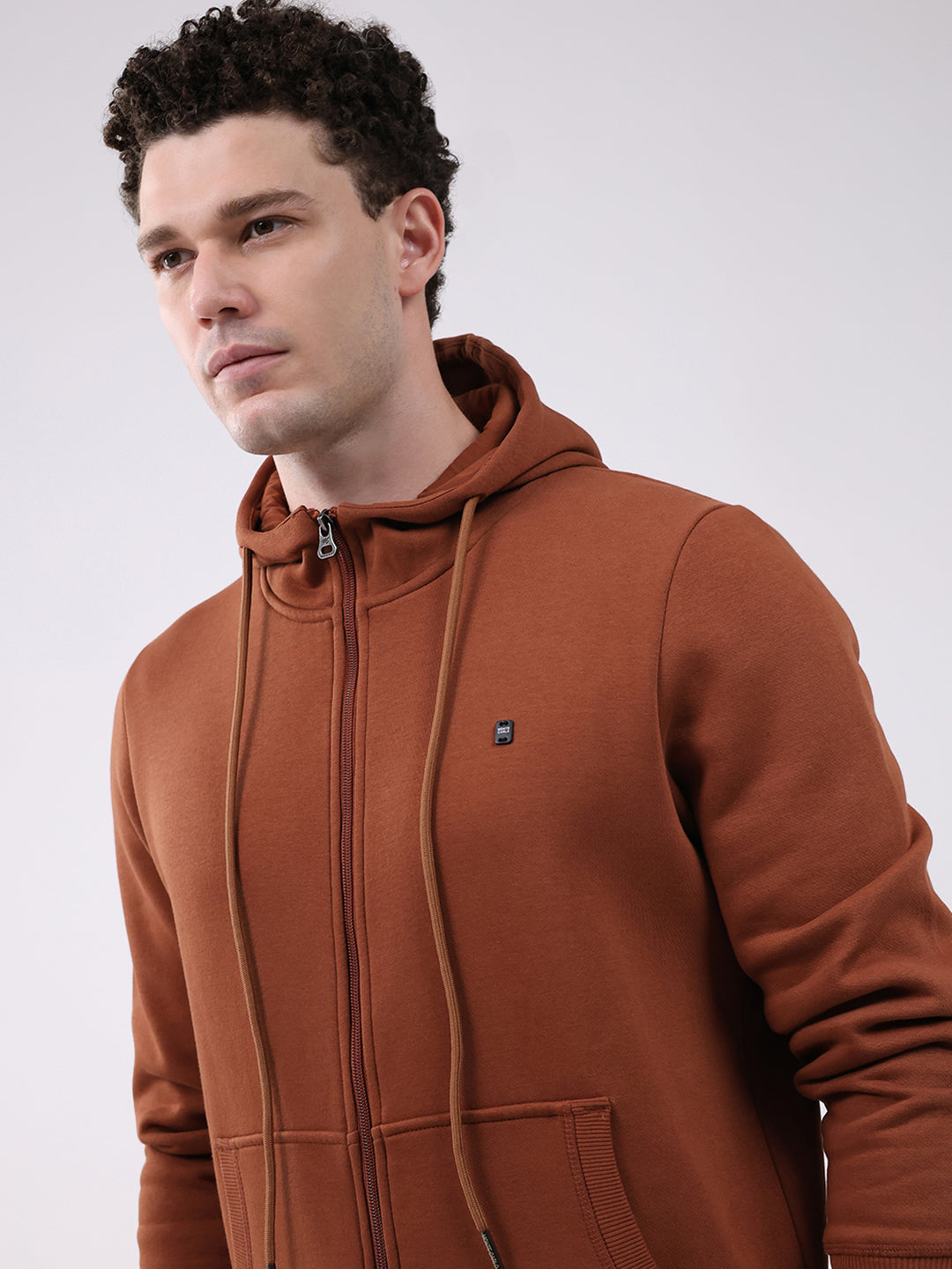 Men Brown Solid Hooded Full Sleeve Sweatshirt