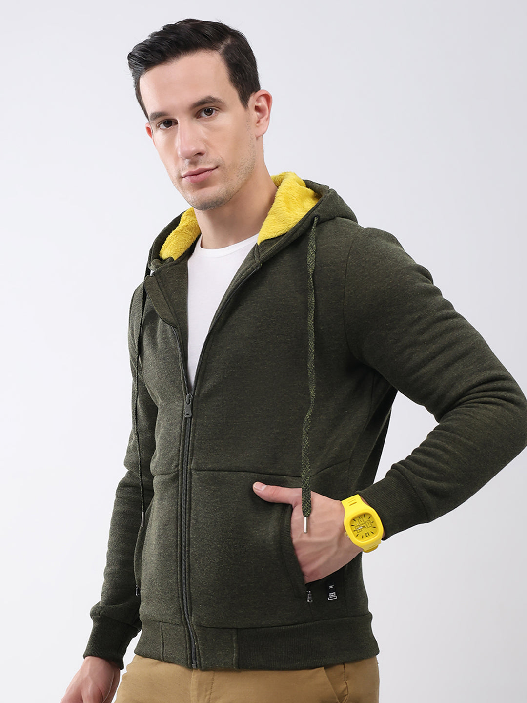 Men Green Solid Hooded Full Sleeve Sweatshirt
