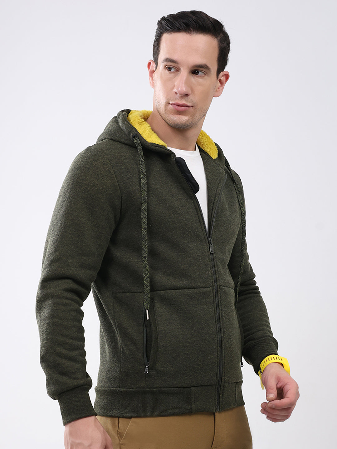 Men Green Solid Hooded Full Sleeve Sweatshirt