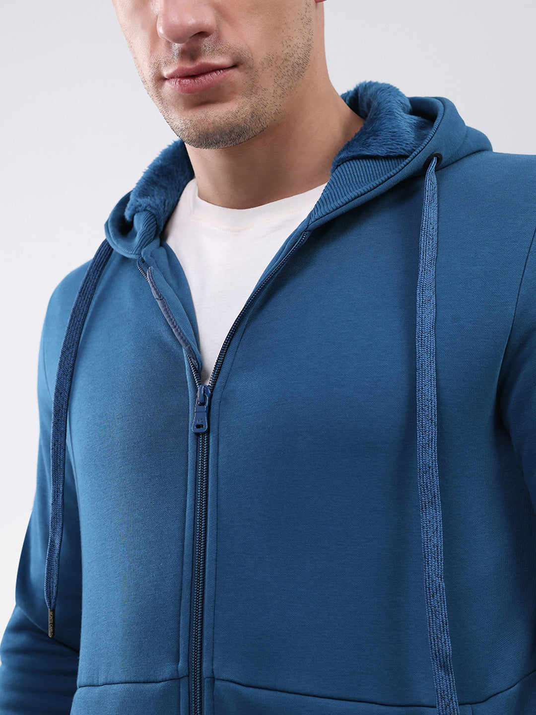 Men Teal Blue Solid Hooded Full Sleeve Sweatshirt