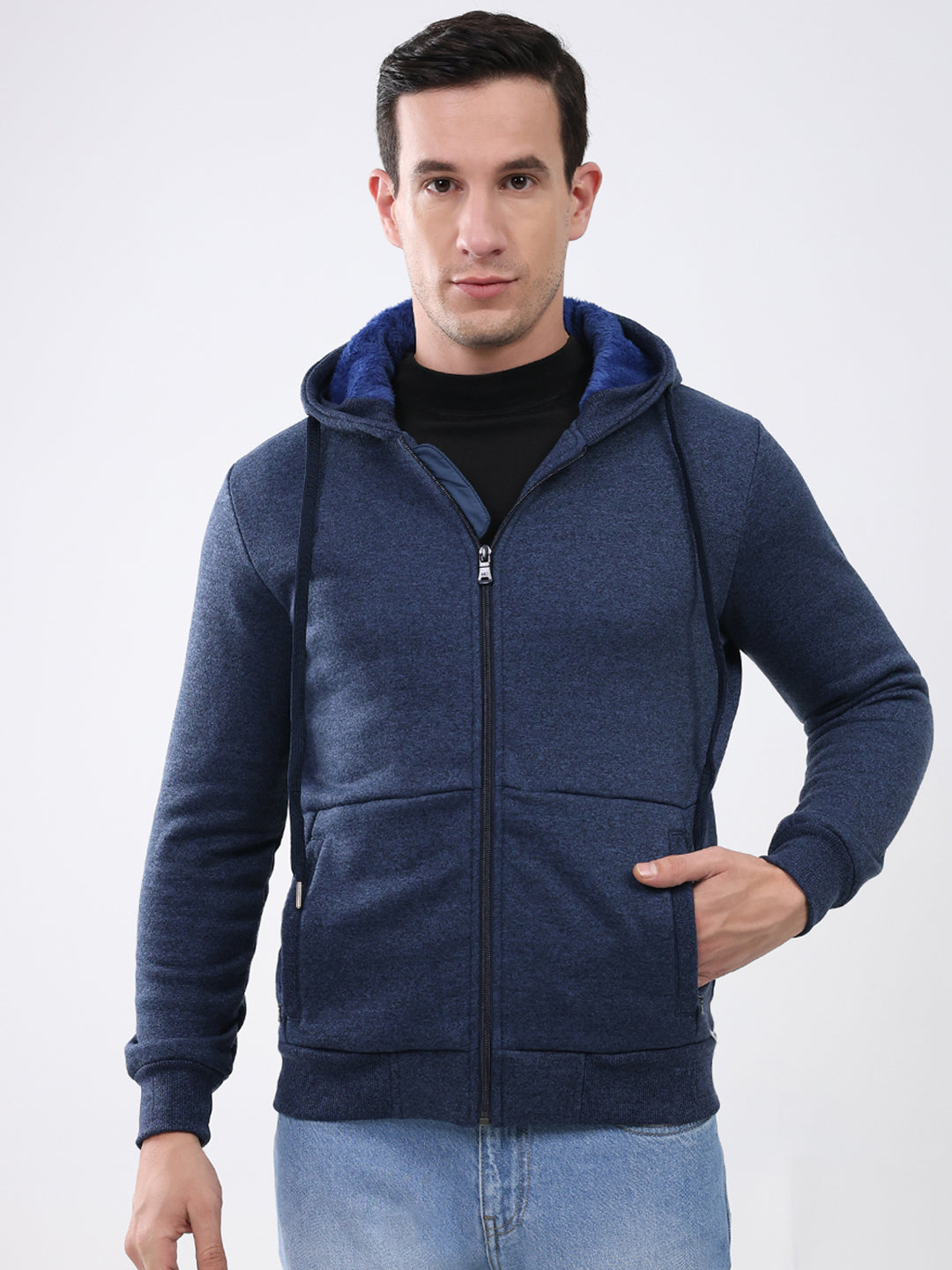 Men Navy Blue Solid Hooded Full Sleeve Sweatshirt