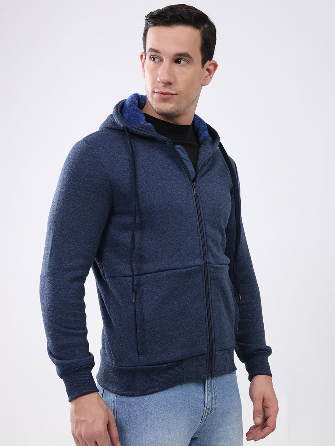 Men Navy Blue Solid Hooded Full Sleeve Sweatshirt