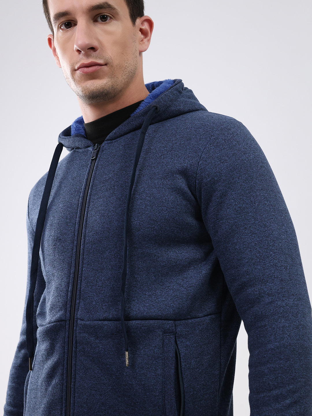 Men Navy Blue Solid Hooded Full Sleeve Sweatshirt