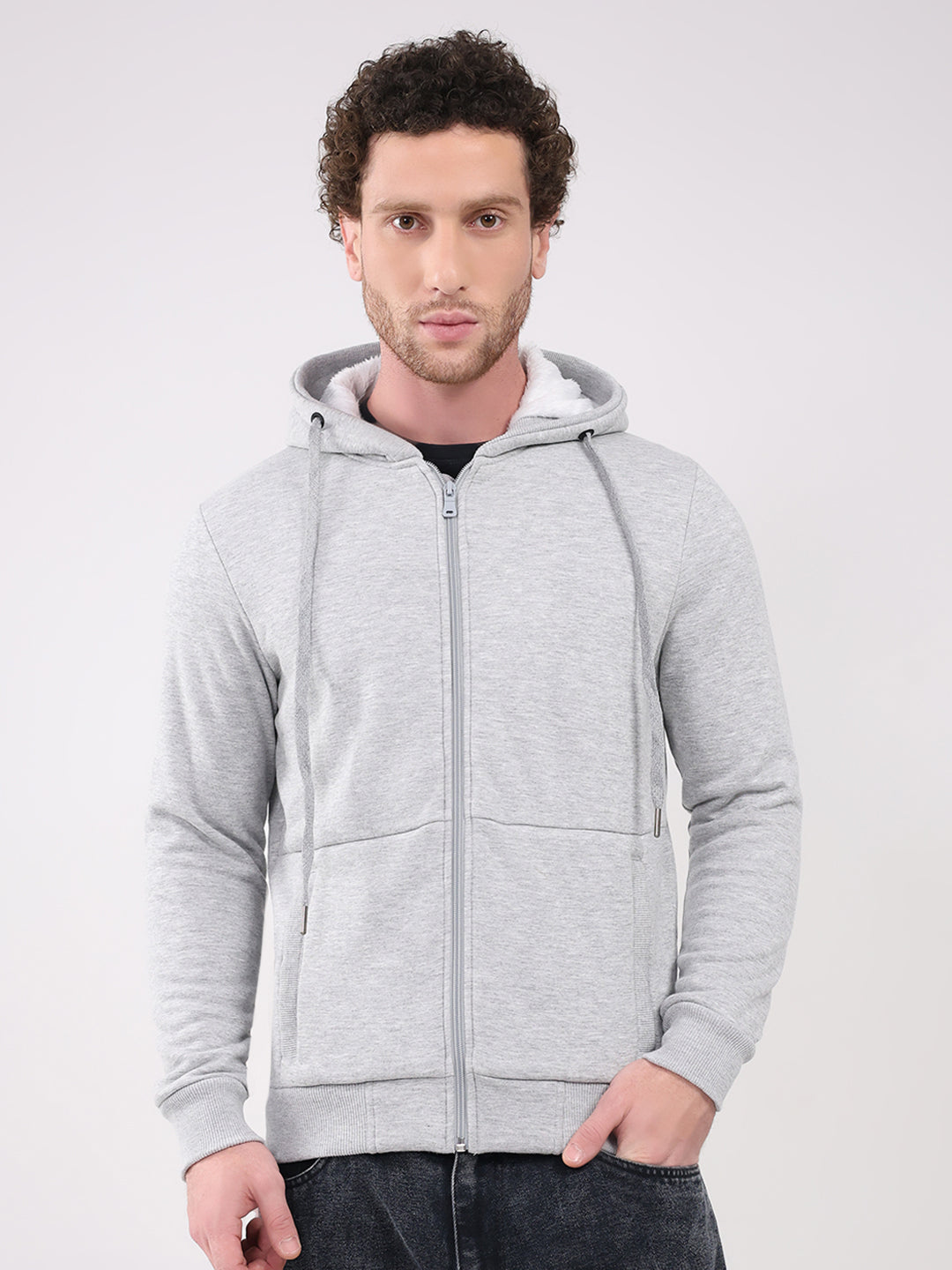 Men Grey Solid Hooded Full Sleeve Sweatshirt