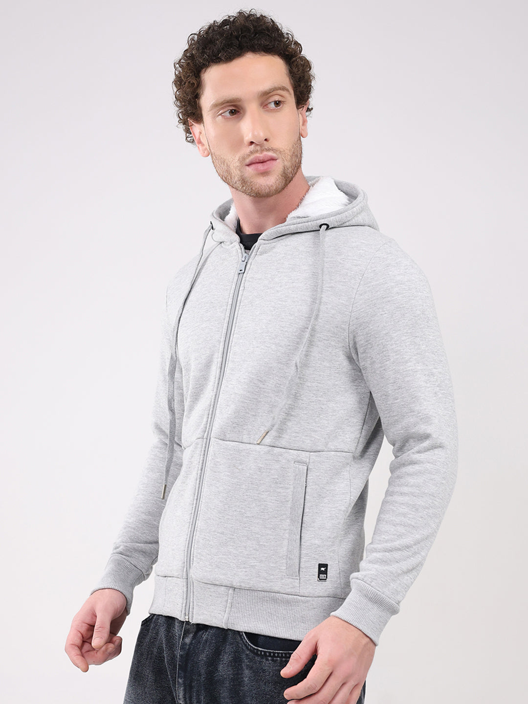 Men Grey Solid Hooded Full Sleeve Sweatshirt
