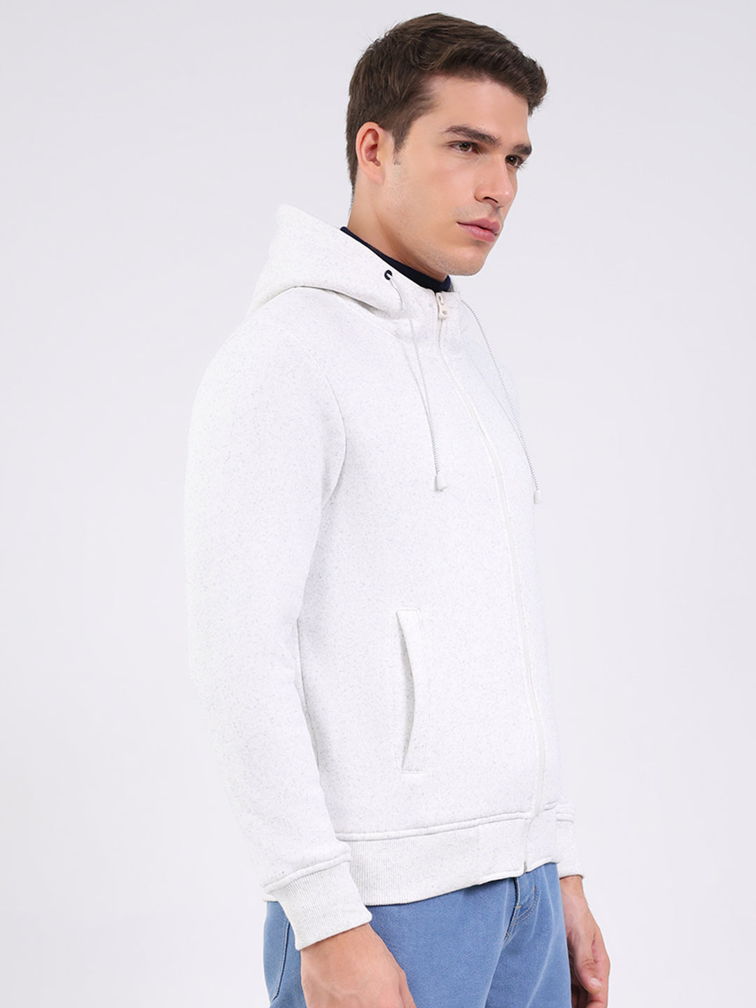 Men White Solid Hooded Full Sleeve Sweatshirt