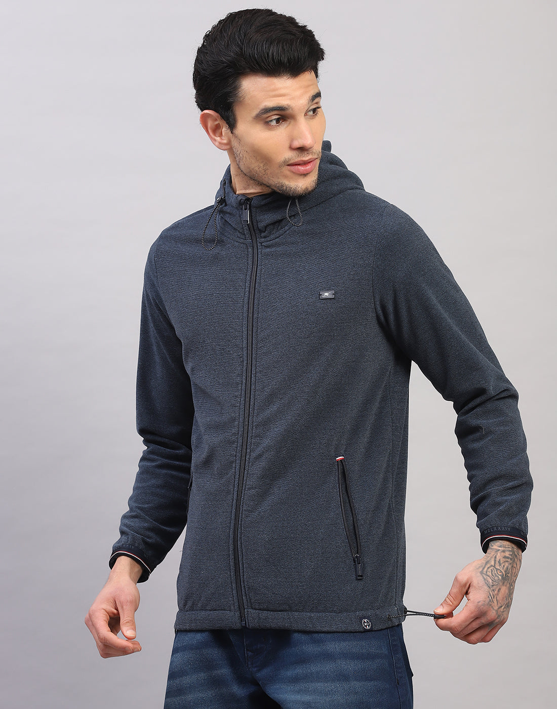 Men Blue Solid Hooded Full Sleeve Sweatshirt