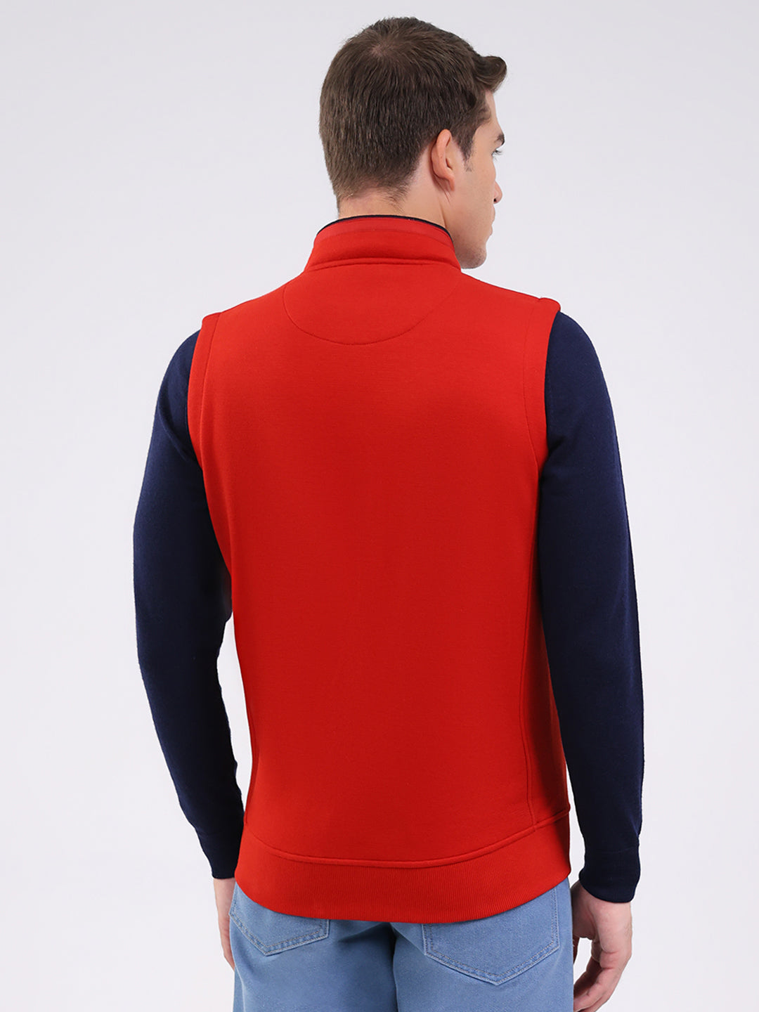 Men Rust Solid Mock Neck Sleeveless Sweatshirt