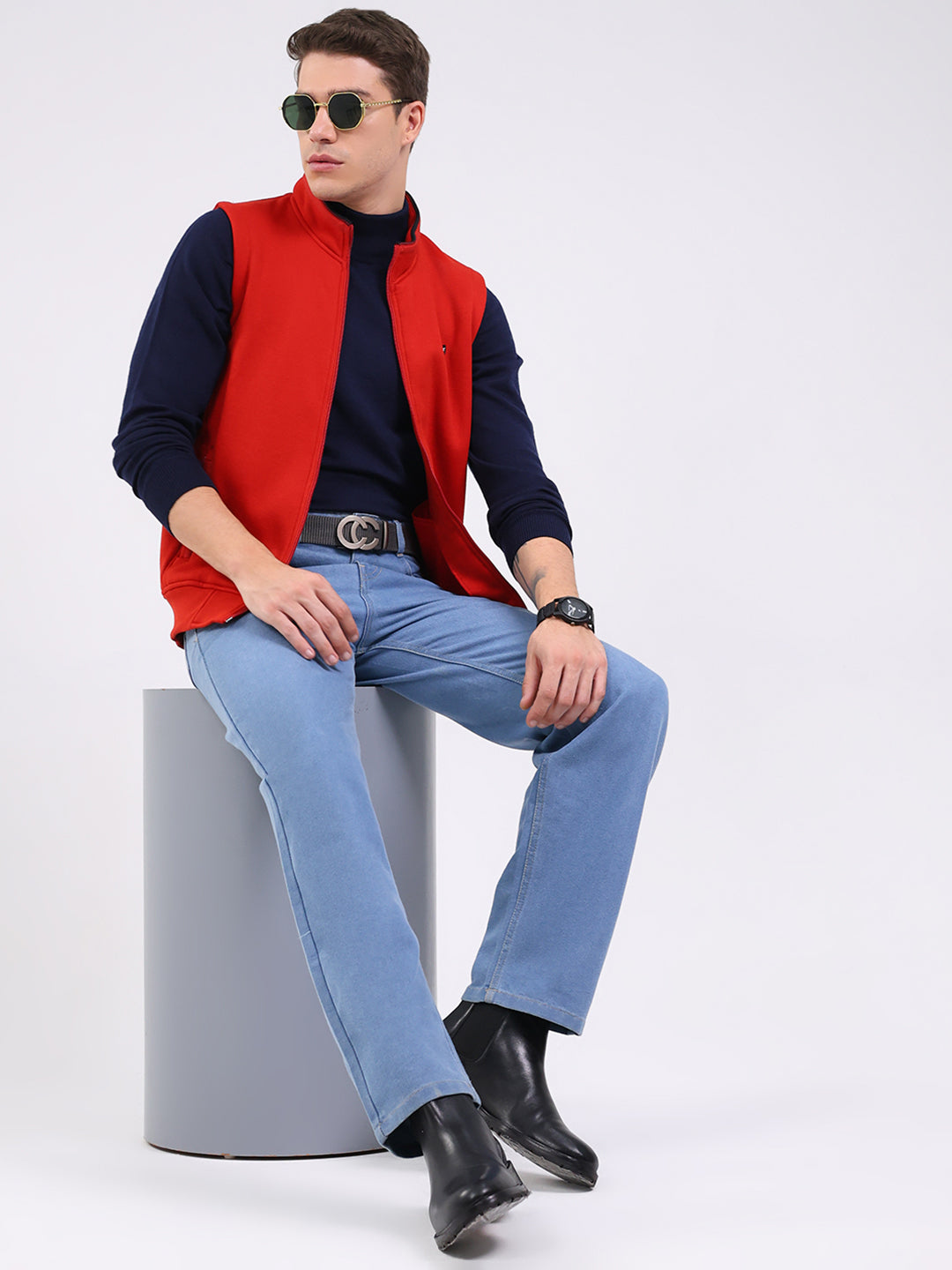 Men Rust Solid Mock Neck Sleeveless Sweatshirt