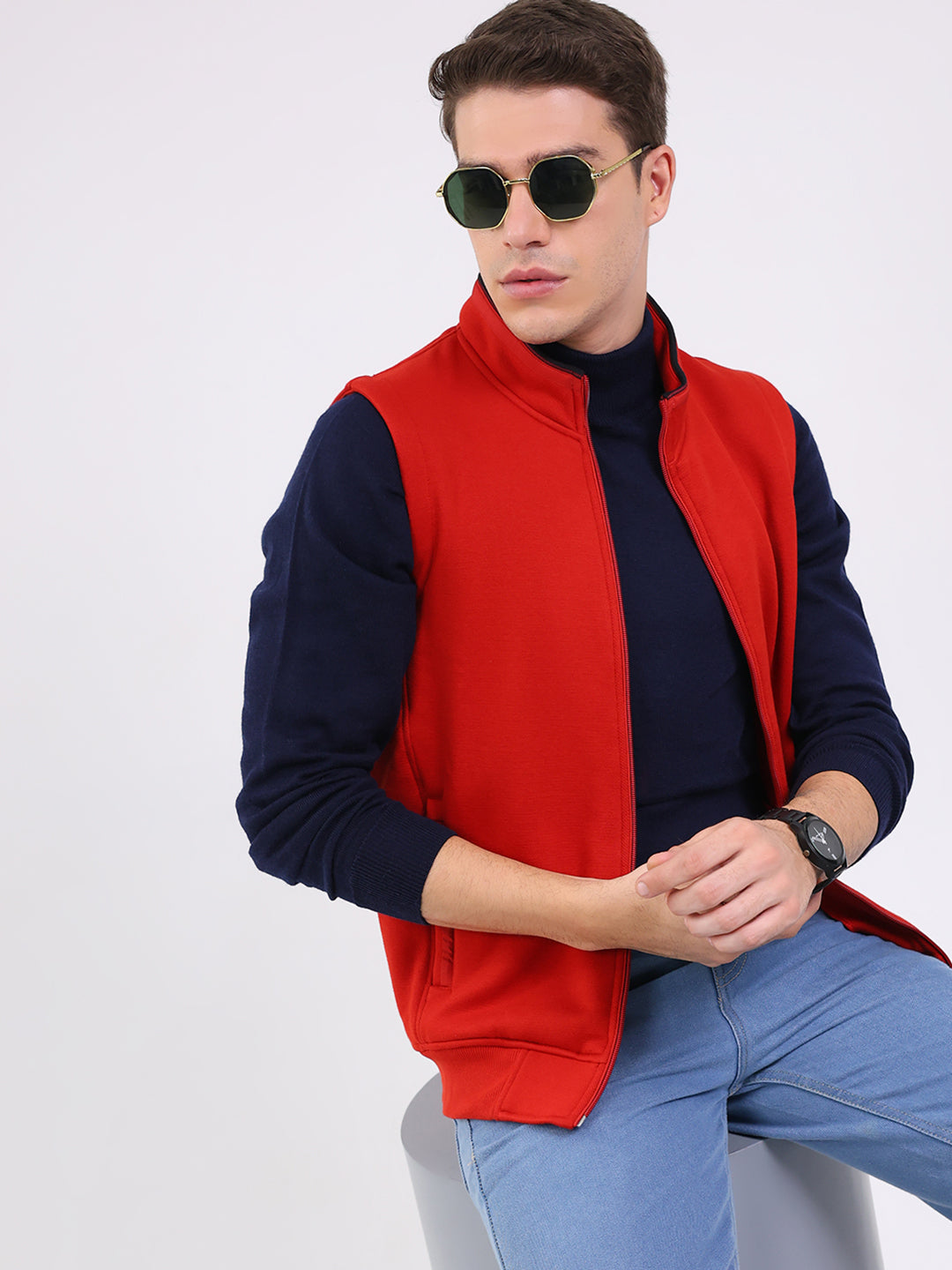 Men Rust Solid Mock Neck Sleeveless Sweatshirt