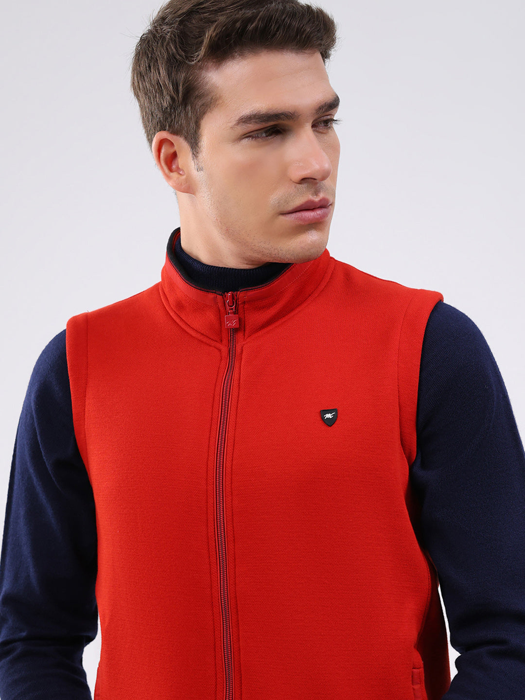 Men Rust Solid Mock Neck Sleeveless Sweatshirt