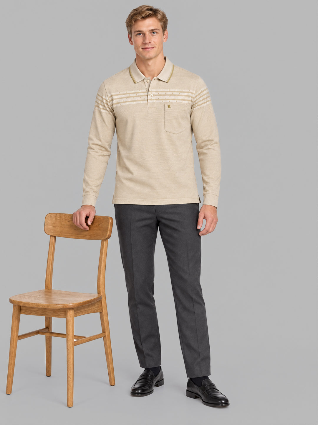 Men Camel Brown Jacquard Polo Collar Full Sleeve Winter T-Shirt