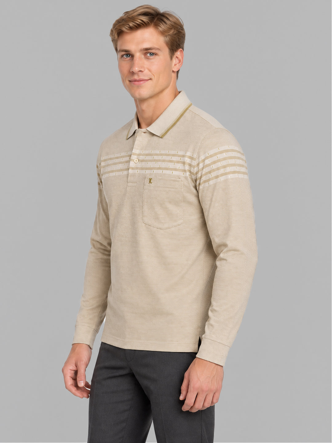 Men Camel Brown Jacquard Polo Collar Full Sleeve Winter T-Shirt