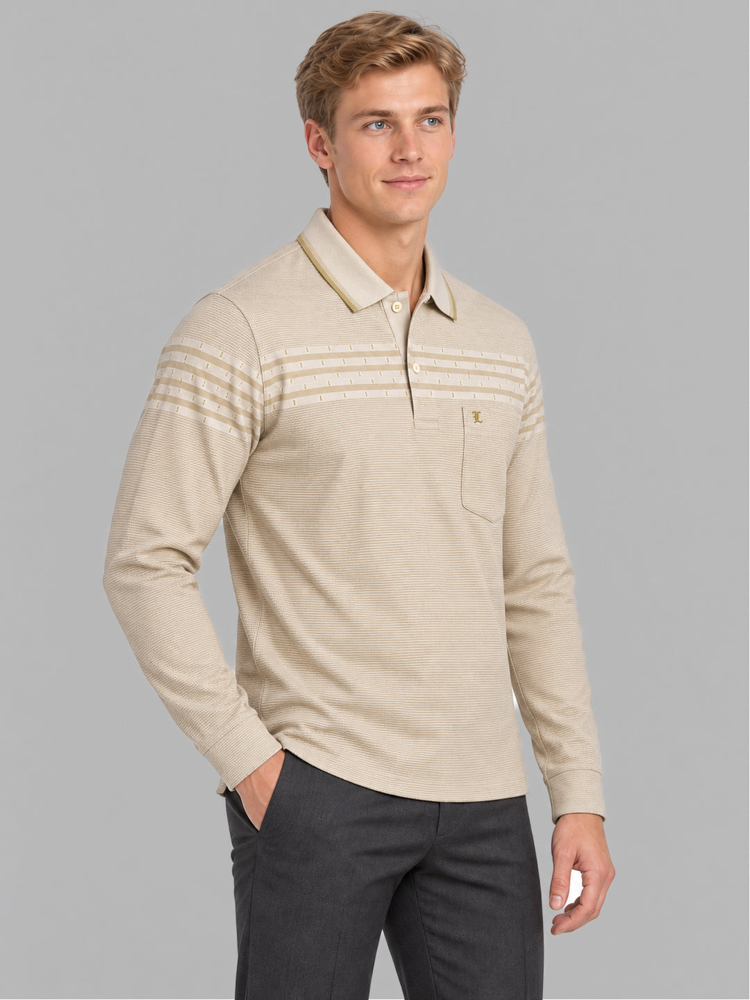 Men Camel Brown Jacquard Polo Collar Full Sleeve Winter T-Shirt