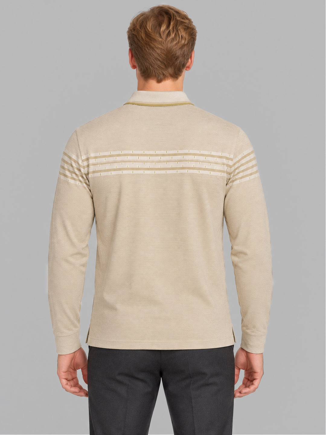Men Camel Brown Jacquard Polo Collar Full Sleeve Winter T-Shirt