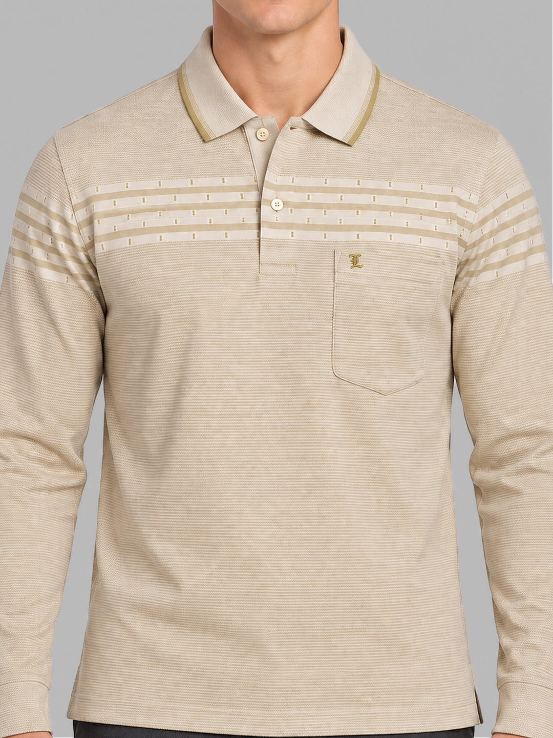 Men Camel Brown Jacquard Polo Collar Full Sleeve Winter T-Shirt