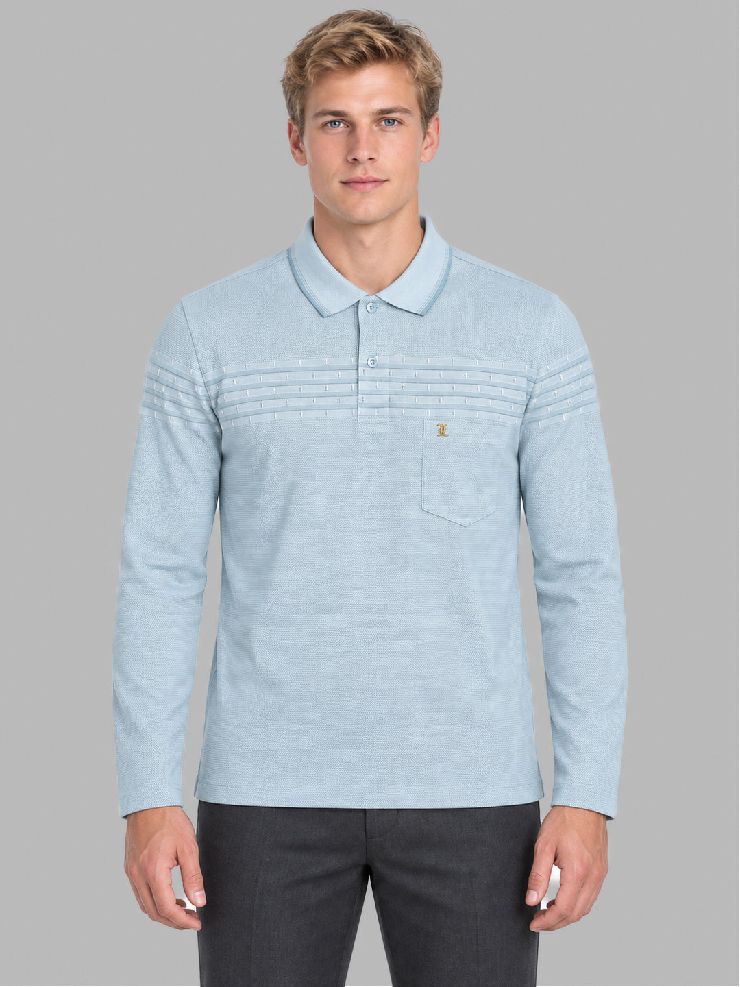 Men Sky Blue Jacquard Polo Collar Full Sleeve Winter T-Shirt