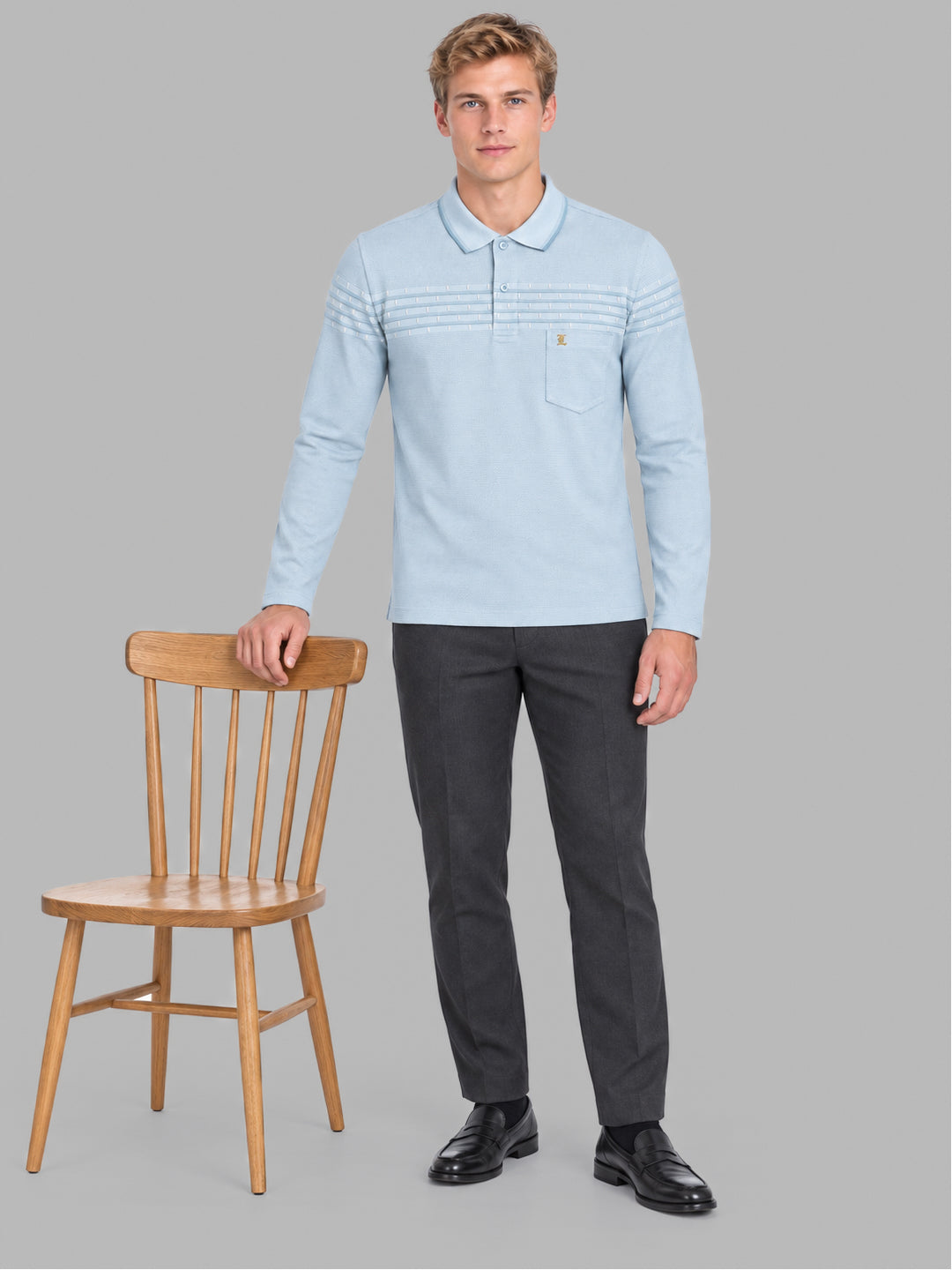 Men Sky Blue Jacquard Polo Collar Full Sleeve Winter T-Shirt