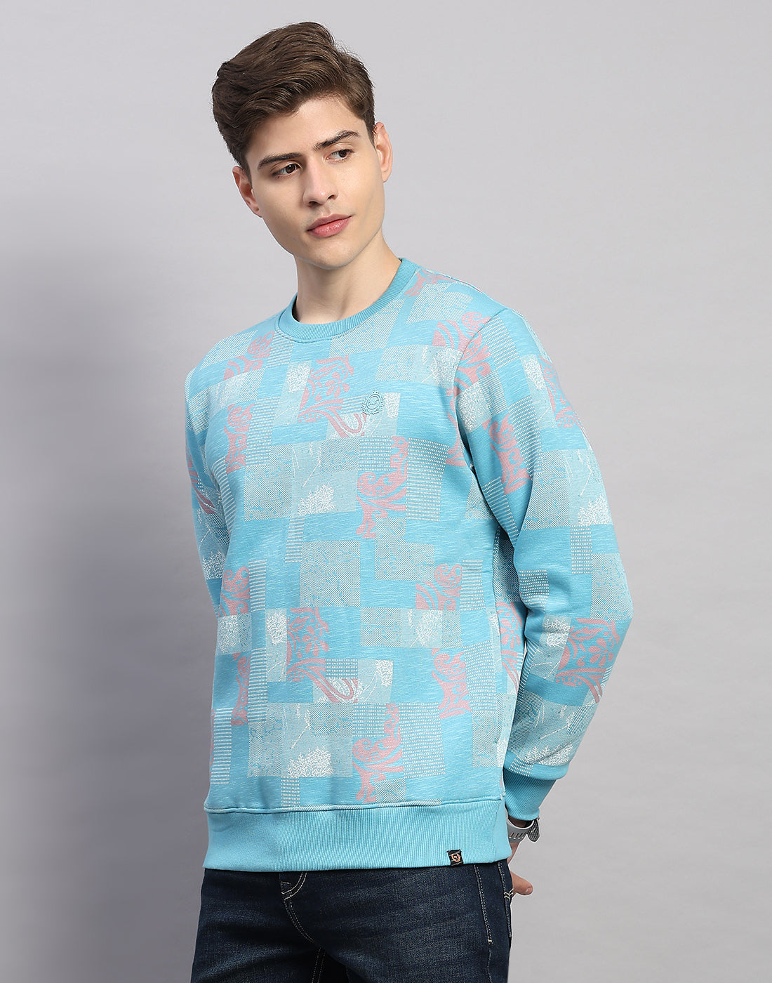 Men Sky Blue Printed Round Neck Full Sleeve Sweatshirt
