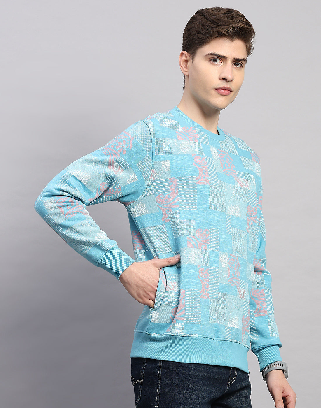 Men Sky Blue Printed Round Neck Full Sleeve Sweatshirt